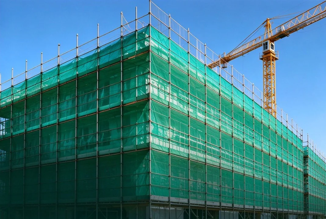 Green netting around building scaffolding