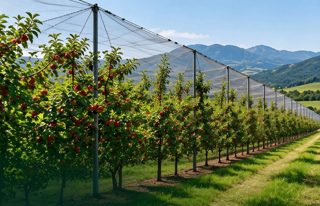 Protective netting over an orchard