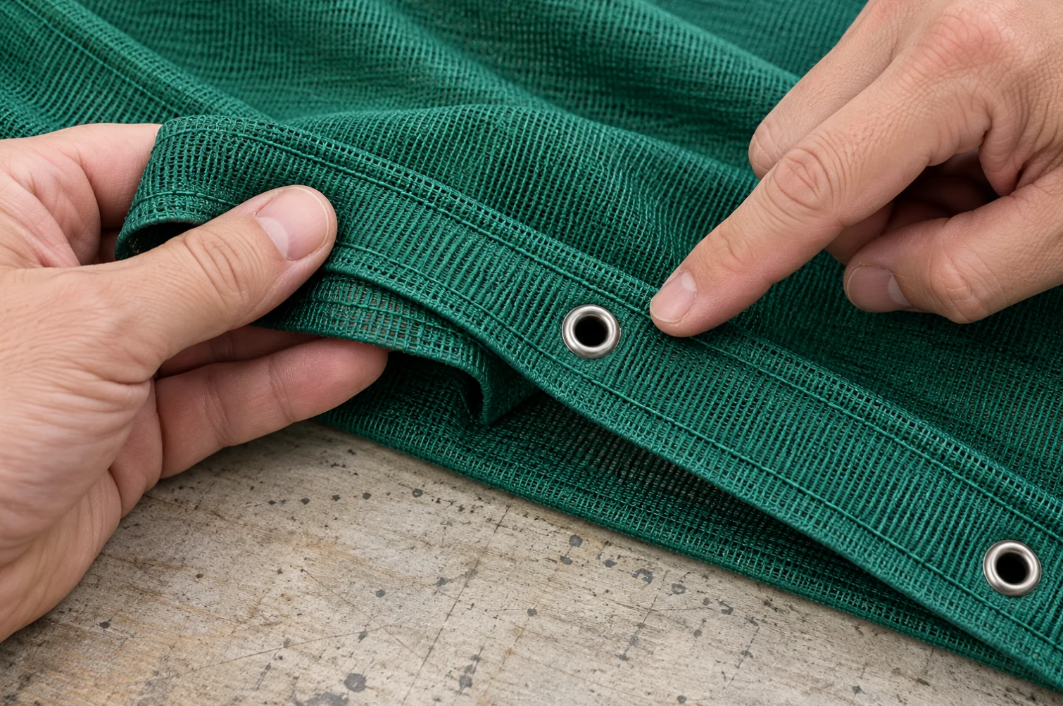 Hands inspecting a metal eyelet and the surrounding reinforced net edge