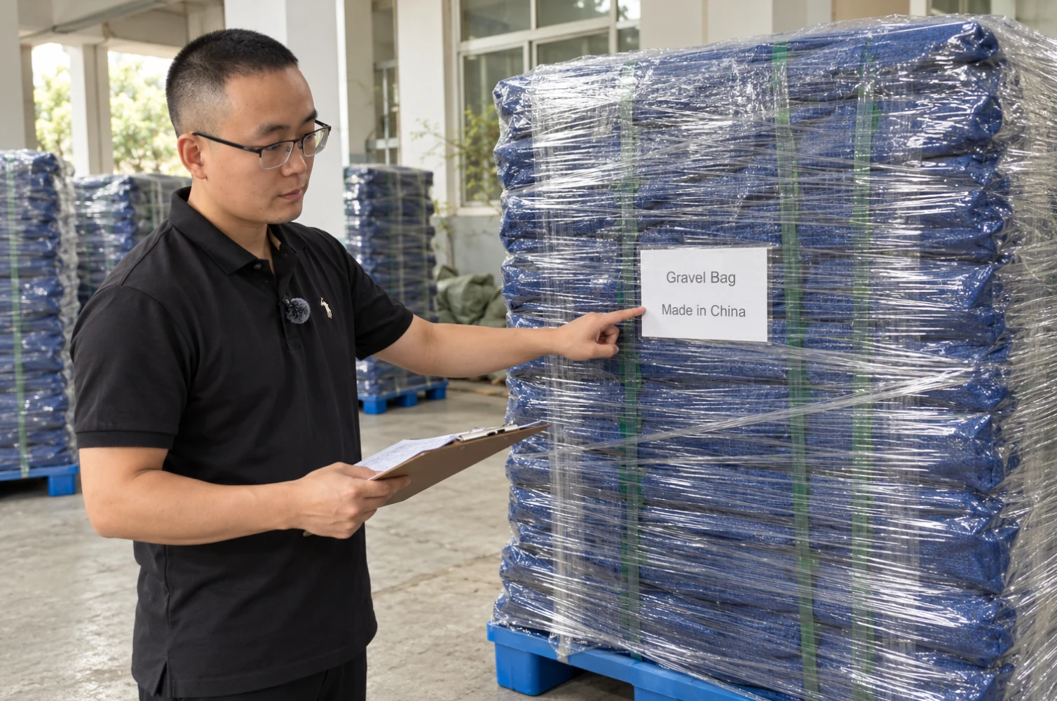 Worker checking the product label on wrapped gravel bag packages on a pallet