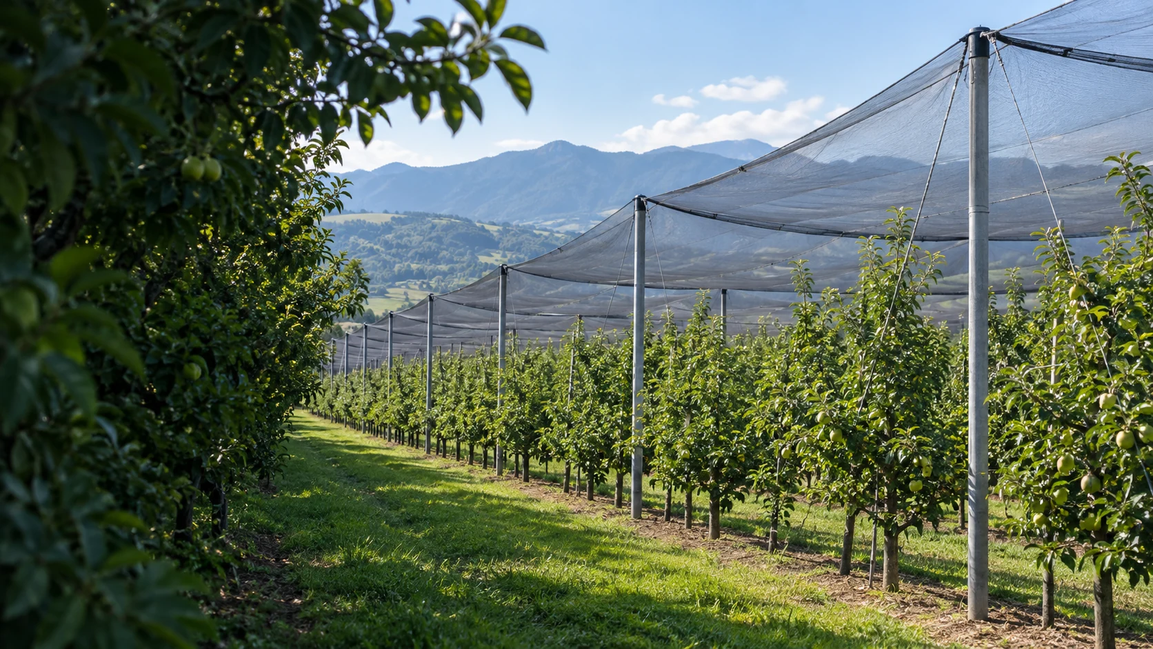 Illustrative orchard protection netting and support structure